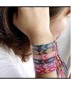 Generic Handwoven bracelets made of colorful threads. They feature geometric patterns and bright colors, with tassels at the ends. They can be used as hand or foot accessories. They are adjustable to fit different wrist sizes. 3 pieces.  - Image 2