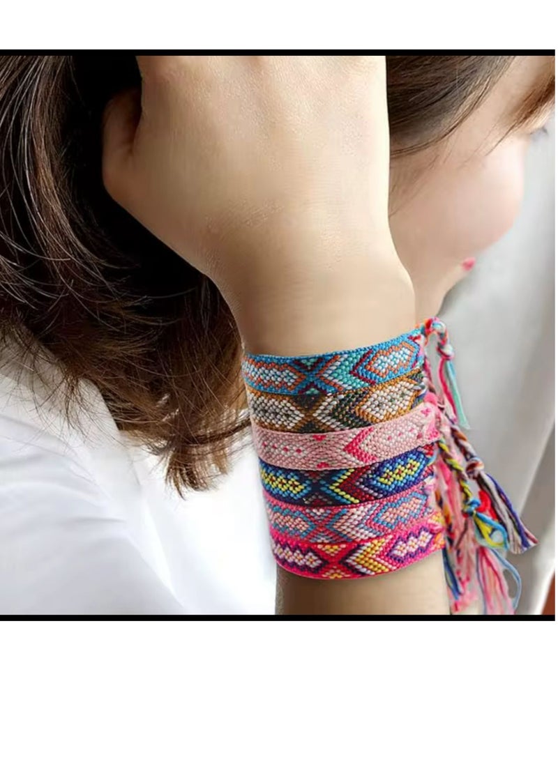 Generic - Handwoven bracelets made of colorful threads. They feature geometric patterns and bright colors, with tassels at the ends. They can be used as hand or foot accessories. They are adjustable to fit different wrist sizes. 3 pieces. - Image 1