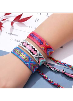 Generic Handwoven bracelets made of colorful threads. They feature geometric patterns and bright colors, with tassels at the ends. They can be used as hand or foot accessories. They are adjustable to fit different wrist sizes. 3 pieces.  - Image 3