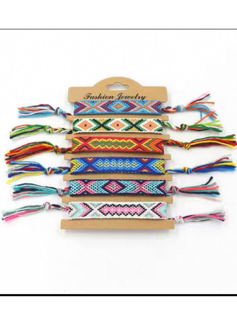 Generic - Handwoven bracelets made of colorful threads. They feature geometric patterns and bright colors, with tassels at the ends. They can be used as hand or foot accessories. They are adjustable to fit different wrist sizes. 3 pieces. - Image 1