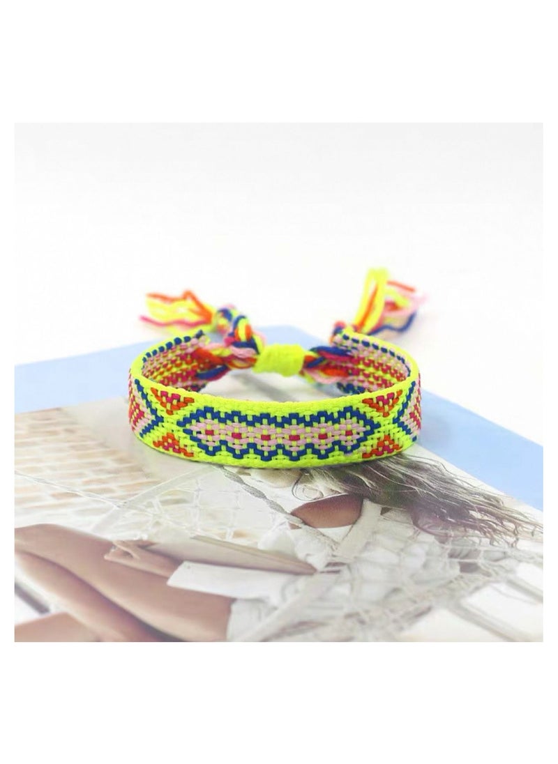 Generic - Handwoven bracelets made of colorful threads. They feature geometric patterns and bright colors, with tassels at the ends. They can be used as hand or foot accessories. They are adjustable to fit different wrist sizes. 3 pieces. - Image 1