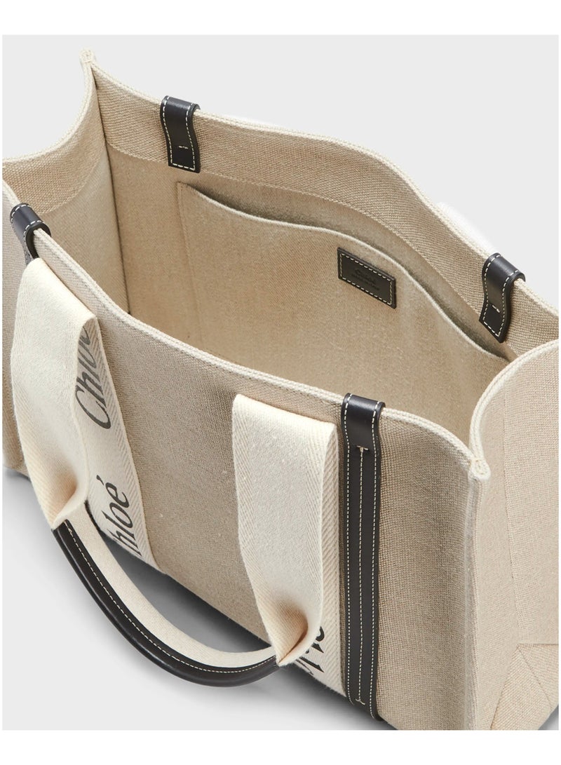 Chloe Woody Medium Women Tote Bag in Linen, Women Shoulder Bag, Women Hand Bag, Women's Travel Bag, Women's Shopping Bag, White-Black - Image 3