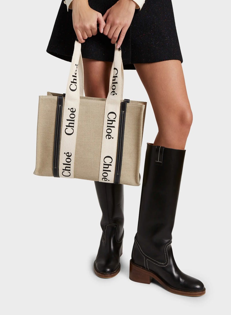 Chloe Woody Medium Women Tote Bag in Linen, Women Shoulder Bag, Women Hand Bag, Women's Travel Bag, Women's Shopping Bag, White-Black - Image 5