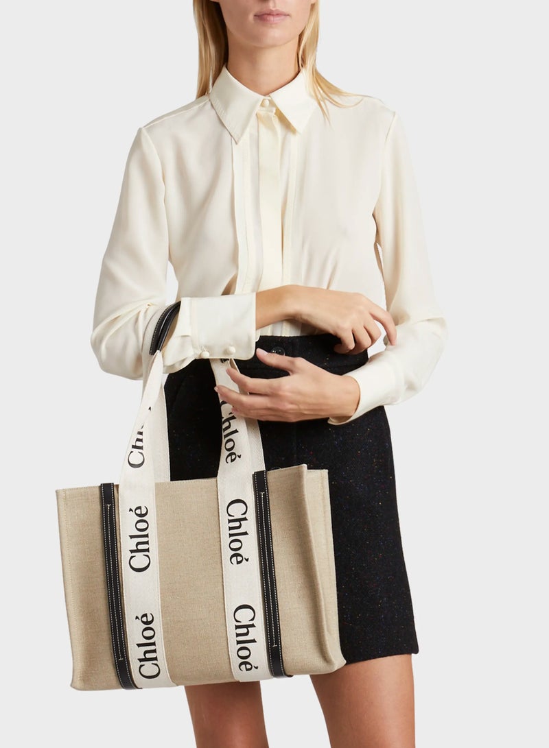 Chloe Woody Medium Women Tote Bag in Linen, Women Shoulder Bag, Women Hand Bag, Women's Travel Bag, Women's Shopping Bag, White-Black - Image 2