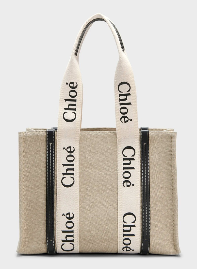 Chloe Woody Medium Women Tote Bag in Linen, Women Shoulder Bag, Women Hand Bag, Women's Travel Bag, Women's Shopping Bag, White-Black - Image 1