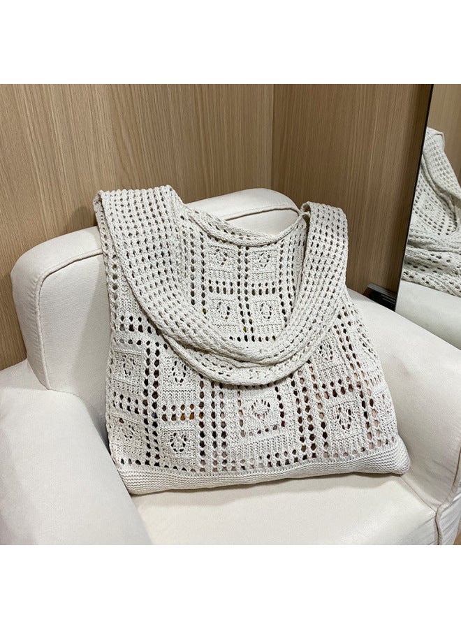 Knitted Bag Women's Spring And Summer Hand Bag Retro Mesh Hollow Simple Woven Bag Women's Shoulder Bag Bags Bag-Color:Cutout Caramel Bag - Image 4