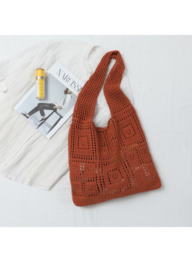 Knitted Bag Women's Spring And Summer Hand Bag Retro Mesh Hollow Simple Woven Bag Women's Shoulder Bag Bags Bag-Color:Cutout Caramel Bag - Image 1