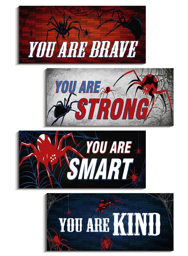 VGICH Wooden Spider Wall Art Set of 4, Inspirational Wood Wall Decor for Kids Room, Playroom, Man Cave, Bedroom 12x4 inches - Image 1