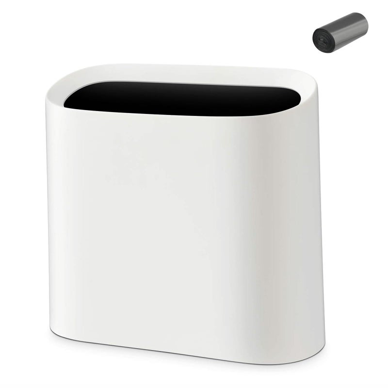 SUBEKYU 2.3 Gal Trash Can for Bathroom,Small Office Garbage Can for Kitchen,Slim Rectangular Waste Bin,Plastic,White - Image 1