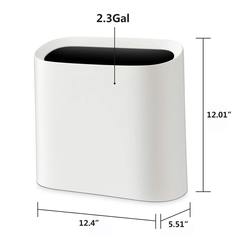 SUBEKYU 2.3 Gal Trash Can for Bathroom,Small Office Garbage Can for Kitchen,Slim Rectangular Waste Bin,Plastic,White - Image 3