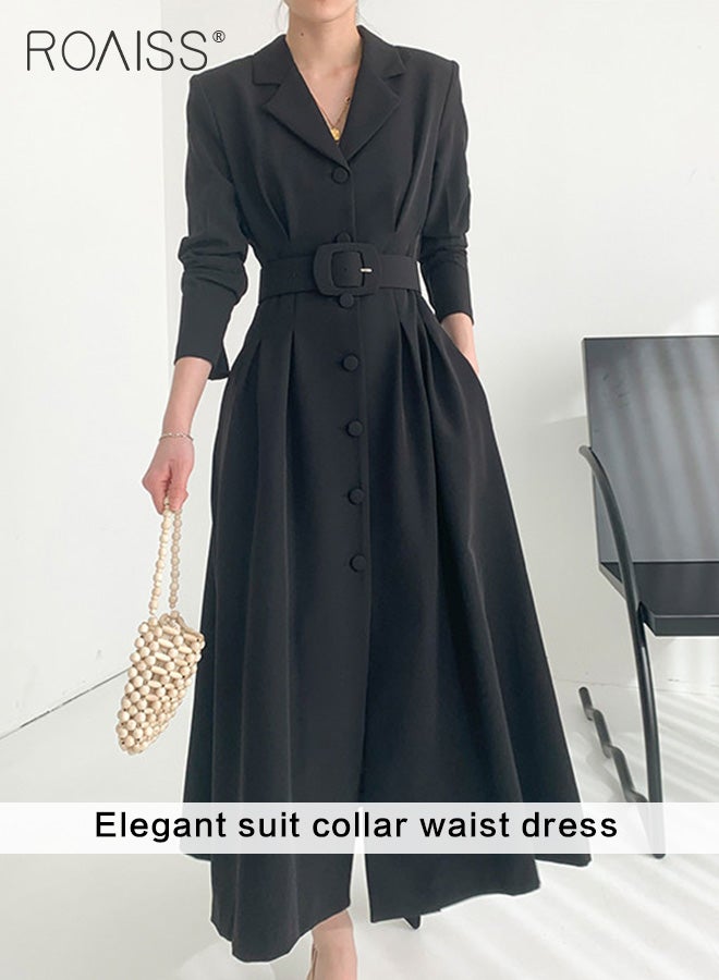 roaiss Women Midi Dress with Side Pockets, Lapel Neck Button Down A-Line Dress with Belt, Stylish Elegant Frock for Ladies, Perfect for Daily Wear, Parties or Any Outdoor Activity - Image 2