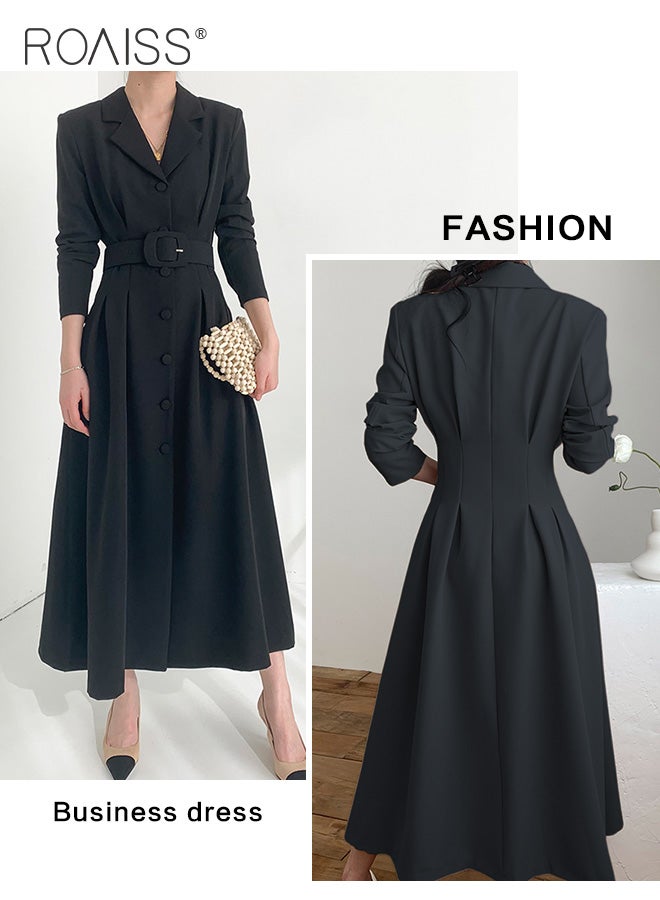 roaiss Women Midi Dress with Side Pockets, Lapel Neck Button Down A-Line Dress with Belt, Stylish Elegant Frock for Ladies, Perfect for Daily Wear, Parties or Any Outdoor Activity - Image 3