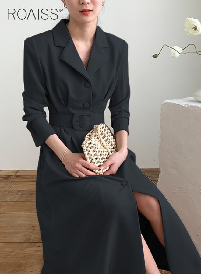 roaiss Women Midi Dress with Side Pockets, Lapel Neck Button Down A-Line Dress with Belt, Stylish Elegant Frock for Ladies, Perfect for Daily Wear, Parties or Any Outdoor Activity - Image 4