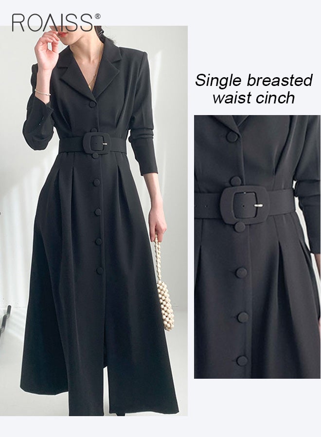 roaiss Women Midi Dress with Side Pockets, Lapel Neck Button Down A-Line Dress with Belt, Stylish Elegant Frock for Ladies, Perfect for Daily Wear, Parties or Any Outdoor Activity - Image 5