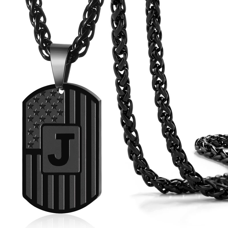 DuoDiner Initial Letter Pendant Necklace for Men Boys Dad,A-Z Capital Letter American Flag Dog Tag Necklace 24 Inches Stainless Steel Mens Chain,Birthday Gifts for Men Women Teens (Letter J, Black) - Image 1