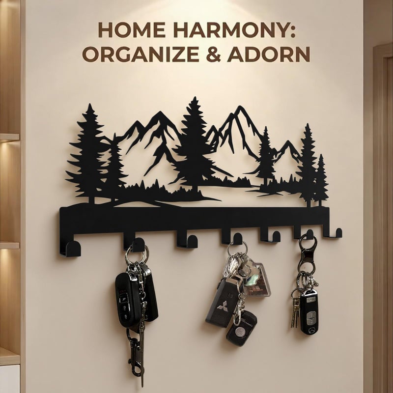 Hounahha Key Holder Wall Mounted Key Hooks, Black Metal Key Rack Hooks, The Great Grove, Mountain Theme Wall Decoration Hooks, with 7 Hooks, Applicable to Front Doors, Lobby,Corridor, Offices (12 ") - Image 4