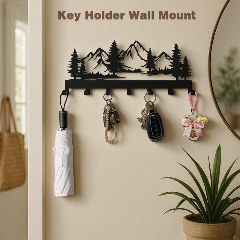 Hounahha Key Holder Wall Mounted Key Hooks, Black Metal Key Rack Hooks, The Great Grove, Mountain Theme Wall Decoration Hooks, with 7 Hooks, Applicable to Front Doors, Lobby,Corridor, Offices (12 ") - Image 2