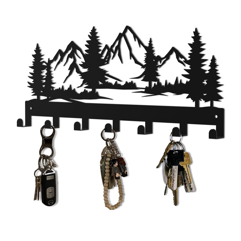 Hounahha Key Holder Wall Mounted Key Hooks, Black Metal Key Rack Hooks, The Great Grove, Mountain Theme Wall Decoration Hooks, with 7 Hooks, Applicable to Front Doors, Lobby,Corridor, Offices (12 ") - Image 1