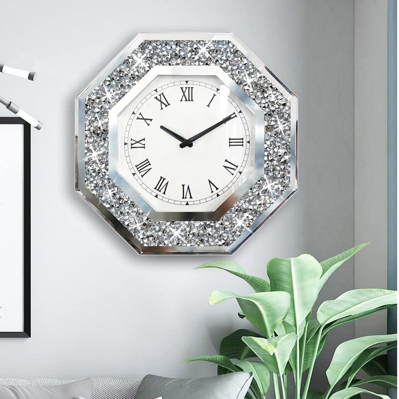 XIHACTY Wall Clock Octagon Mirror Glass Clock Cute Diamond 20inch NonTicking Clock for Wall Dcor Perfect Home Decor for Bedroom Bathroom Motif Dining RoomExcluding Batteries