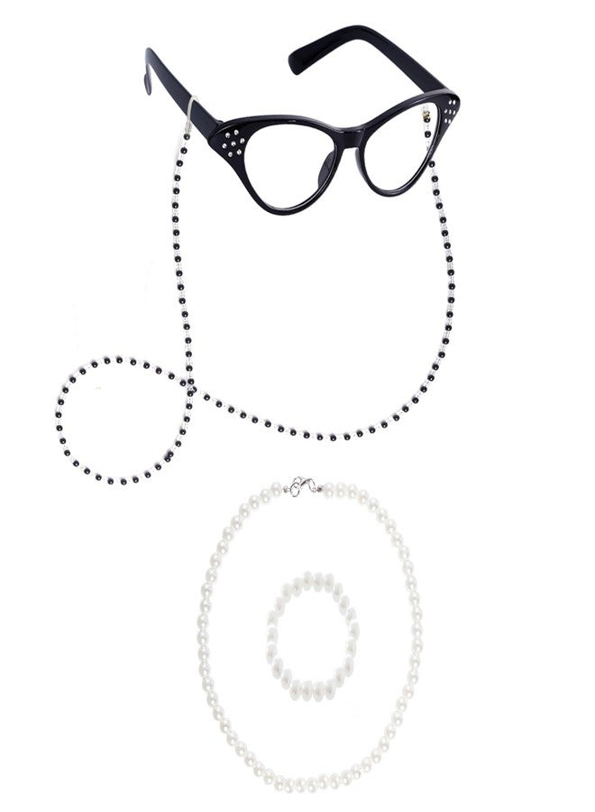 phnydreg Old Lady Costume Accessories for Women 100th Day of School Old Lady Costume Granny Costume with Cat Eye Glasses Pearl Necklace Bracelet Glasses Chain for Dress Up Costume Party Black - Image 1