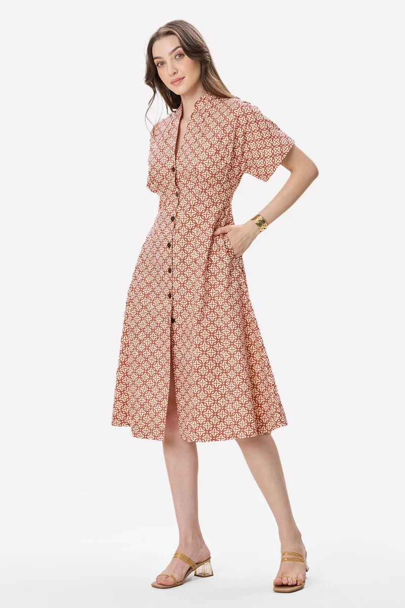 Virgio  All Over Print Cotton Pleat Detail Midi Dress for Women for Women | Best Price UAE
