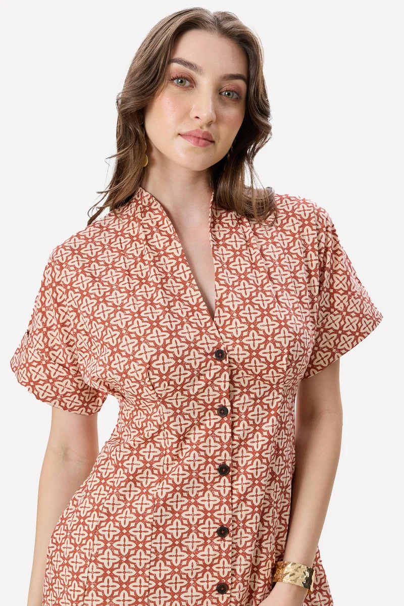 Virgio  All Over Print Cotton Pleat Detail Midi Dress for Women for Women | Best Price UAE
