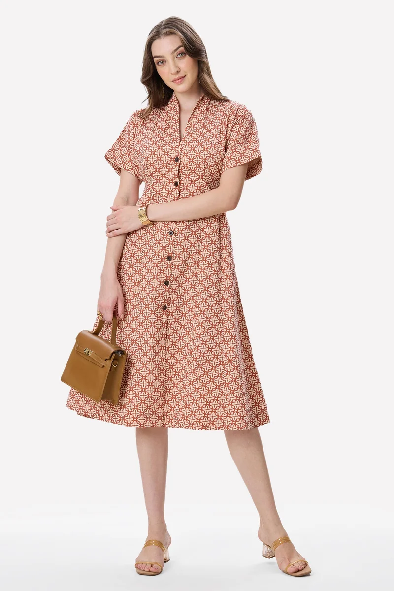 فيرجيو All Over Print Cotton Pleat Detail Midi Dress for Women