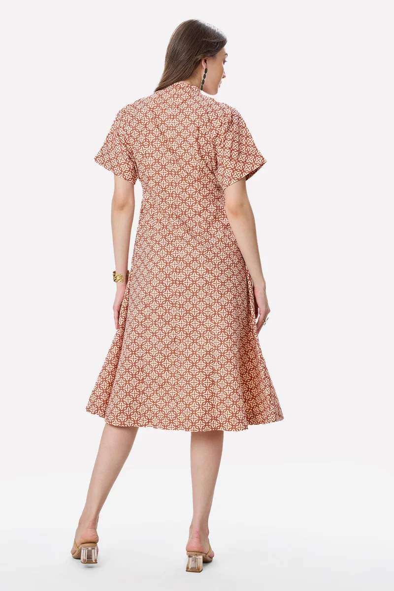Virgio  All Over Print Cotton Pleat Detail Midi Dress for Women for Women | Best Price UAE