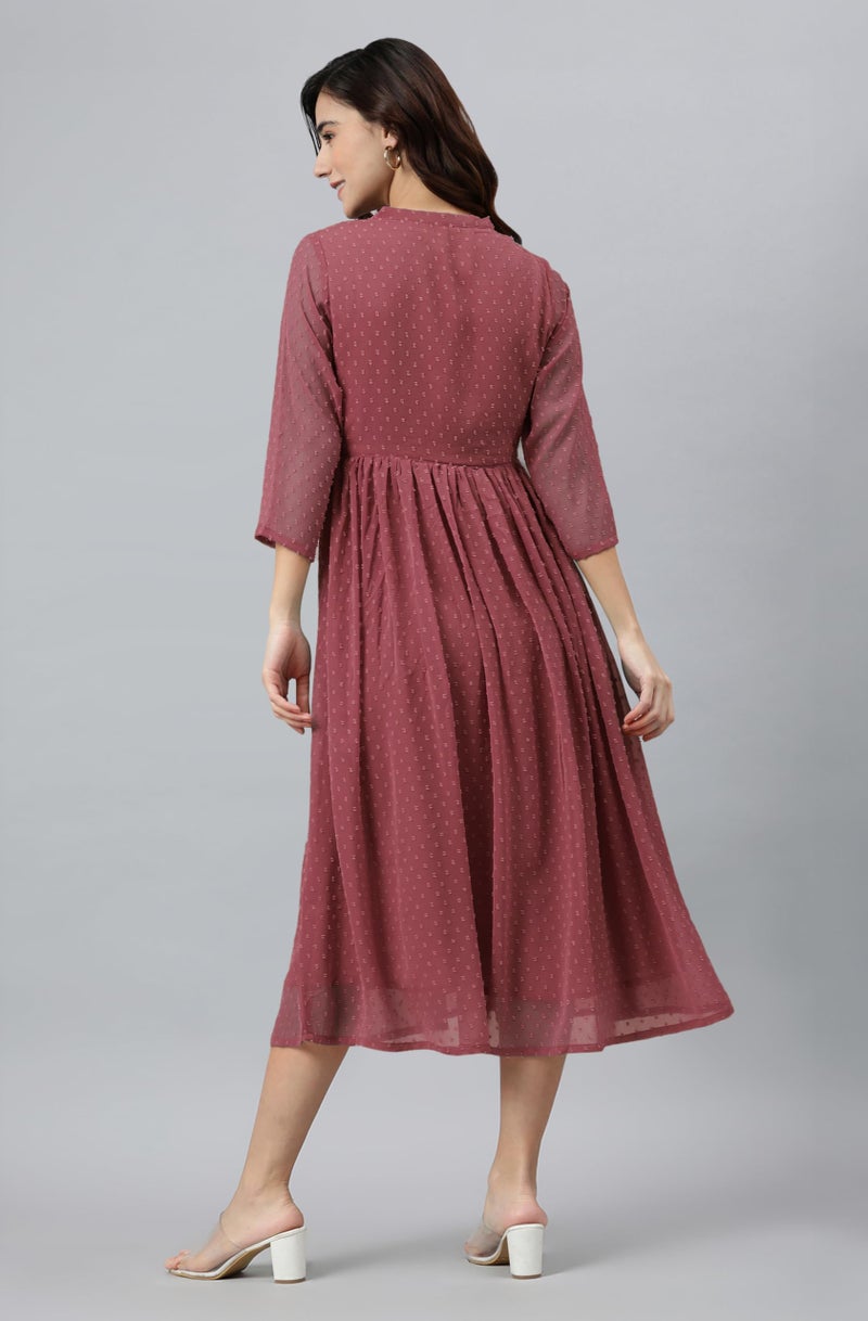 Janasya Women's Pink Dobby Chiffon Woven Design Flared Dress (JNE4157-KR-XL) - Image 4