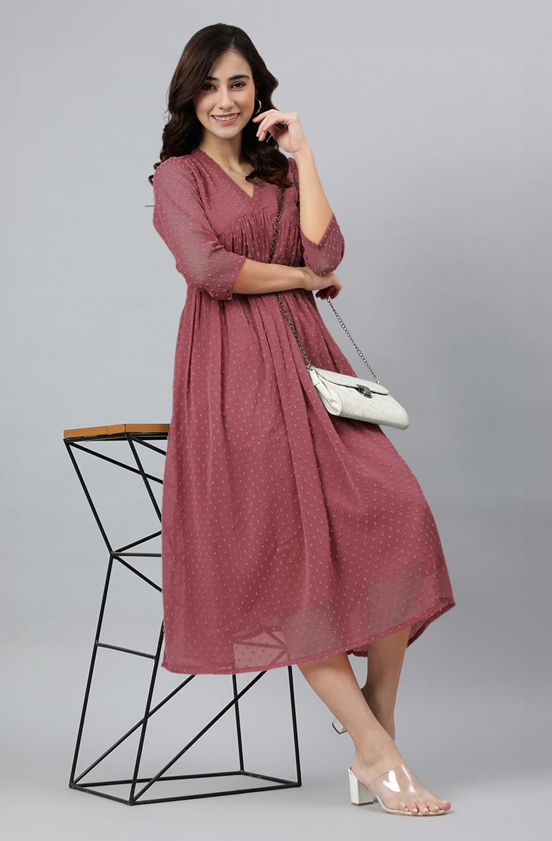 Janasya Women's Pink Dobby Chiffon Woven Design Flared Dress (JNE4157-KR-XL) - Image 5