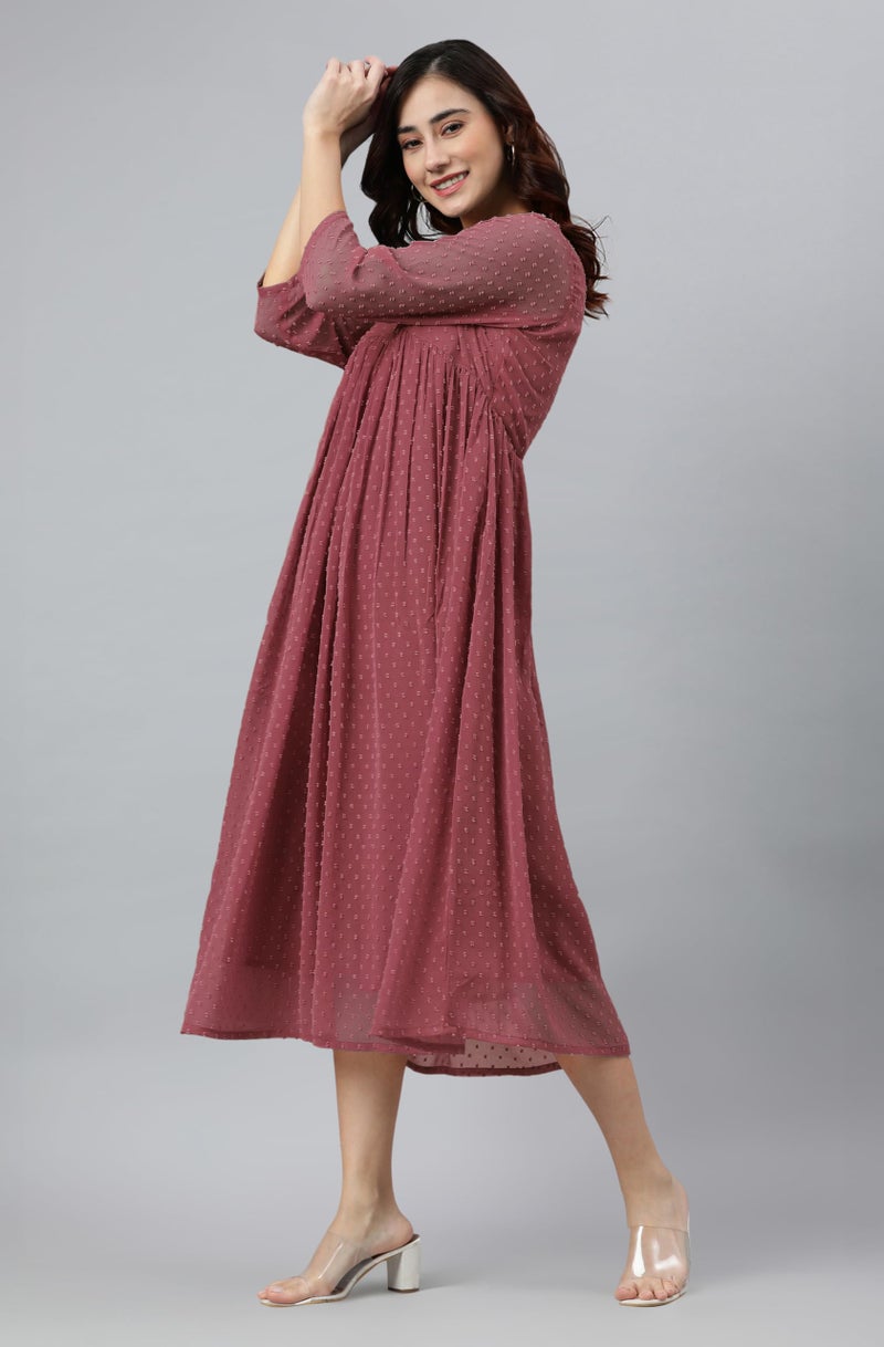 Janasya Women's Pink Dobby Chiffon Woven Design Flared Dress (JNE4157-KR-XL) - Image 3