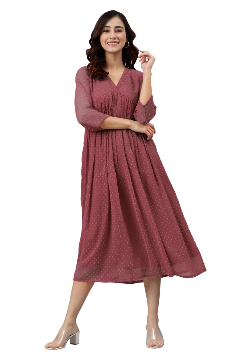 Janasya Women's Pink Dobby Chiffon Woven Design Flared Dress (JNE4157-KR-XL) - Image 1