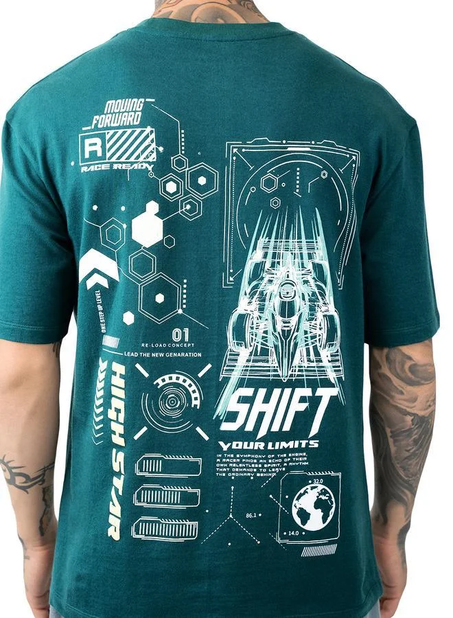 HIGH STAR Moto Racer Graphic Printed Round Neck Short Sleeves Relaxed Fit Cotton T-shirt