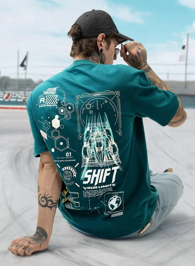 HIGH STAR Moto Racer Graphic Printed Round Neck Short Sleeves Relaxed Fit Cotton T-shirt