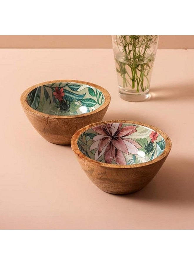 nestroots Wooden Serving Bowl for Snacks & Dry Fruits | Green Printed Multipurpose Bowl for Dining & Kitchen |Handcrafted Snacks Bowl (6 Inches, Set of 2) - Image 1