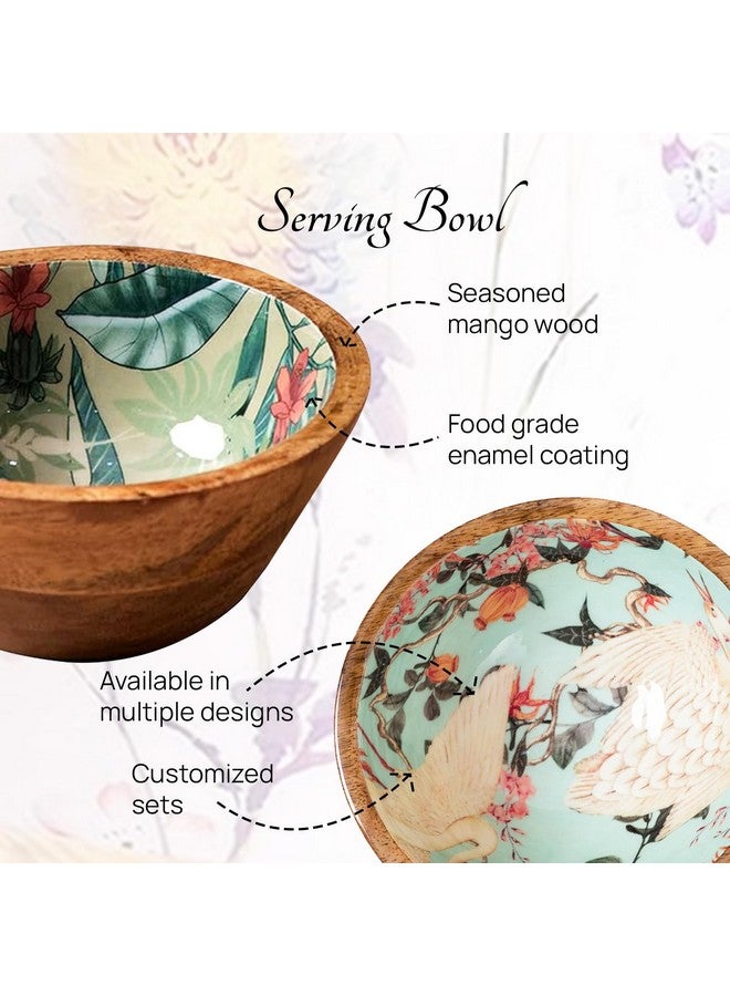 nestroots Wooden Serving Bowl for Snacks & Dry Fruits | Green Printed Multipurpose Bowl for Dining & Kitchen |Handcrafted Snacks Bowl (6 Inches, Set of 2) - Image 4