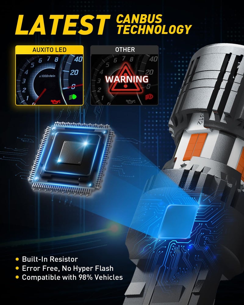 AUXITO 2025 Latest CANBUS 7440 7443 LED Bulbs Amber Yellow with Built-in Resistor Anti Hyper Flash 7440NA 7441 7444 7444NA W21W WY21W Error Free LED Front Rear Turn Signal Lights, Pack of 2 - Image 2