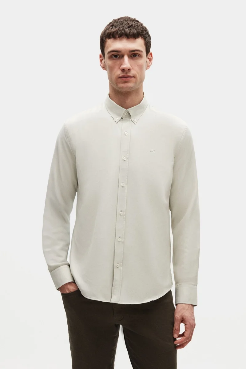 D'S DAMAT Slim Fit Sage Oxford Button-down Collar Easy Iron Embroidered Detailed Cotton Shirt 4HC02ORT03265