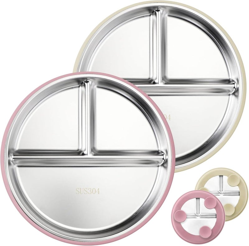 أطباق أطفال من الفولاذ المقاوم للصدأ مع شفط، أطباق أطفال مقسمة مقاس 9 بوصات مع أكمام سيليكون قابلة للإزالة، أطباق أطفال غير قابلة للانزلاق، أوعية معدنية غير قابلة للكسر للأطفال، مجموعة طعام مكونة من قطعتين (وردي، بيج) - Image 1