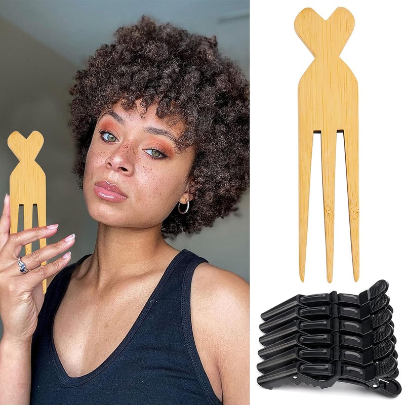 Wooden Parting Comb for African Womens Hair Braiding  AntiStatic ThreeProng Wide Tooth Comb with 6 Alligator Hair Clips