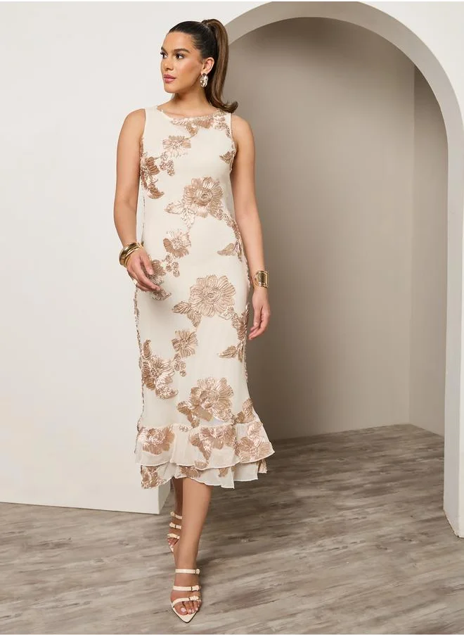 Styli Floral Embroidered Sleeveless Sheath Midi Dress