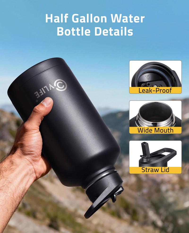 CVLIFE Half Gallon Water Bottle with Straw, 64 oz Insulated Stainless Steel Water Jug, Battle Sports Bottle with Bottle Pouch, Durable Handle, Removable Sleeve for Gym, Hiking, Camping (Black 2 Liter) - Image 4