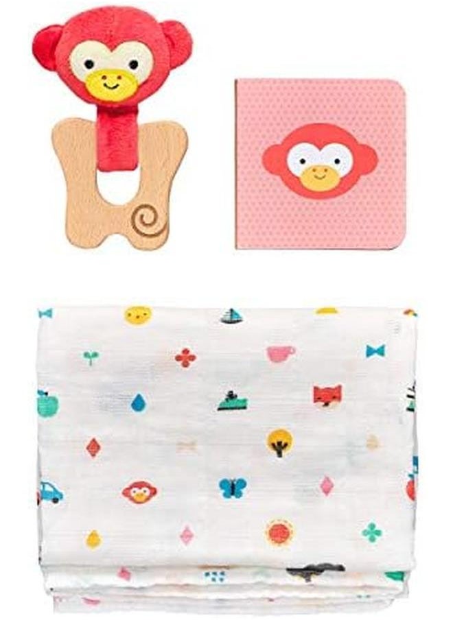 Petit Collage Organic 3 Piece Gift Set For Babies Cheeky Monkey Includes Beech Wood Teether Organic Cotton Burp Cloth And Baby Book Perfect Gift For Baby Shower And New Moms  - Image 2