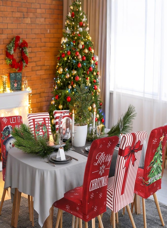 FuWeave مجموعة أغطية كراسي عيد الميلاد من FuWeave، 6 قطع، بتصميم شجرة عيد الميلاد ورجل الثلج، قابلة للتمدد، قابلة للغسل والإزالة، لحماية مقاعد الطعام، مثالية لتزيين غرفة الطعام والمطبخ والمنزل والحفلات. - Image 5
