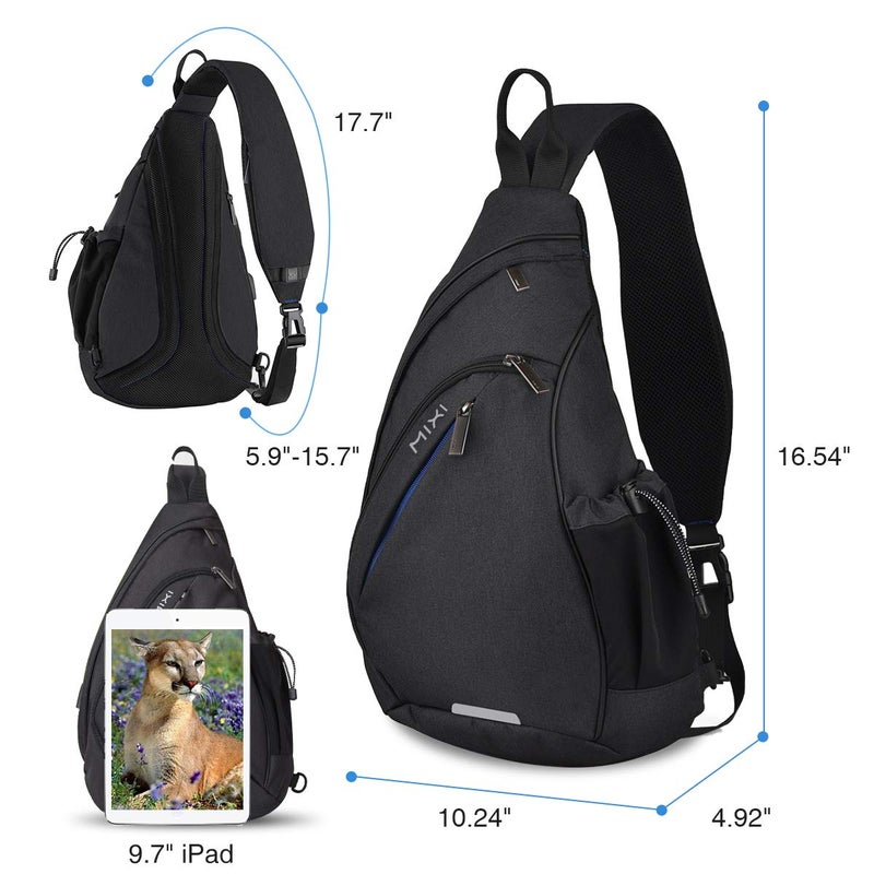 mixi Sling Bag Men Backpack Unisex One Shoulder Bag Hiking Travel Backpack Crossbody with USB Port for Men Women Versatile Casual Daypack-17 inch,Black - Image 2