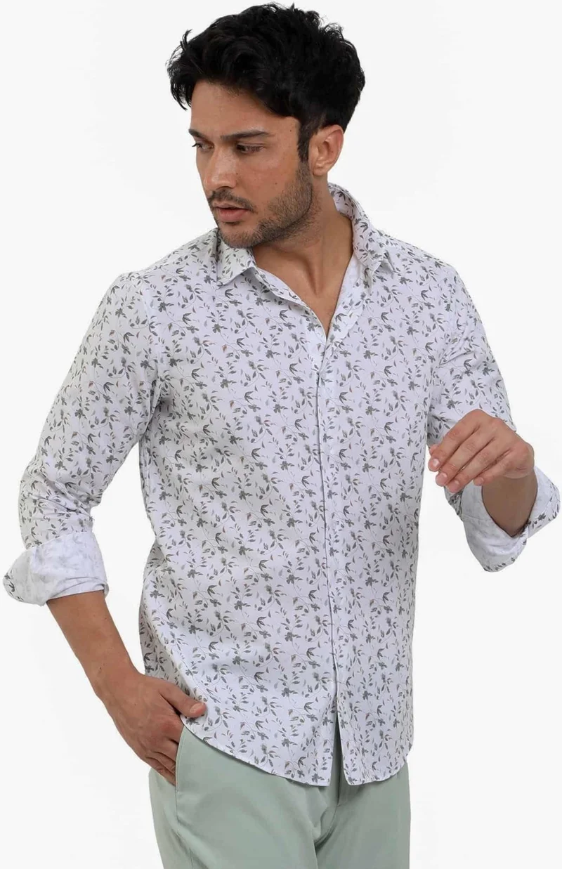 دوفي Green Men's Slim Fit Floral Patterned Brent Collar Long Sleeve Shirt - 104785