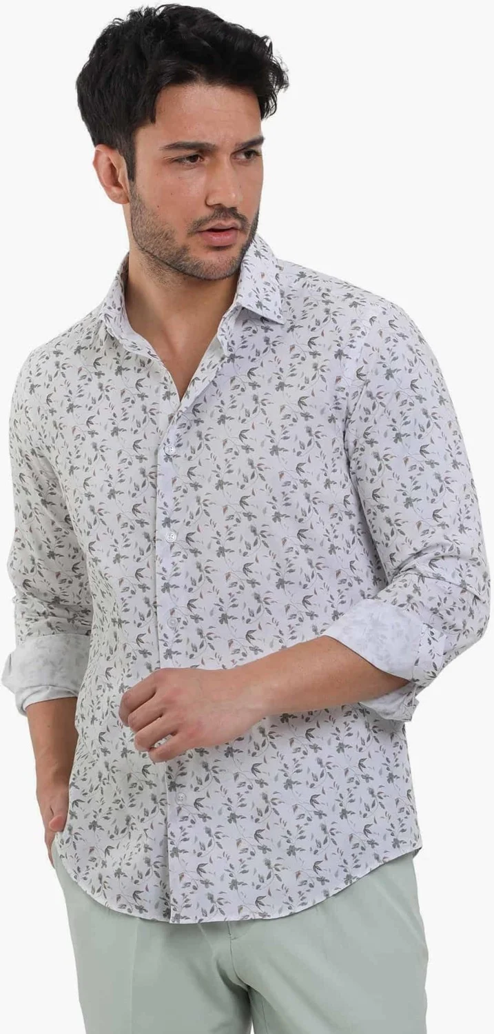 دوفي Green Men's Slim Fit Floral Patterned Brent Collar Long Sleeve Shirt - 104785