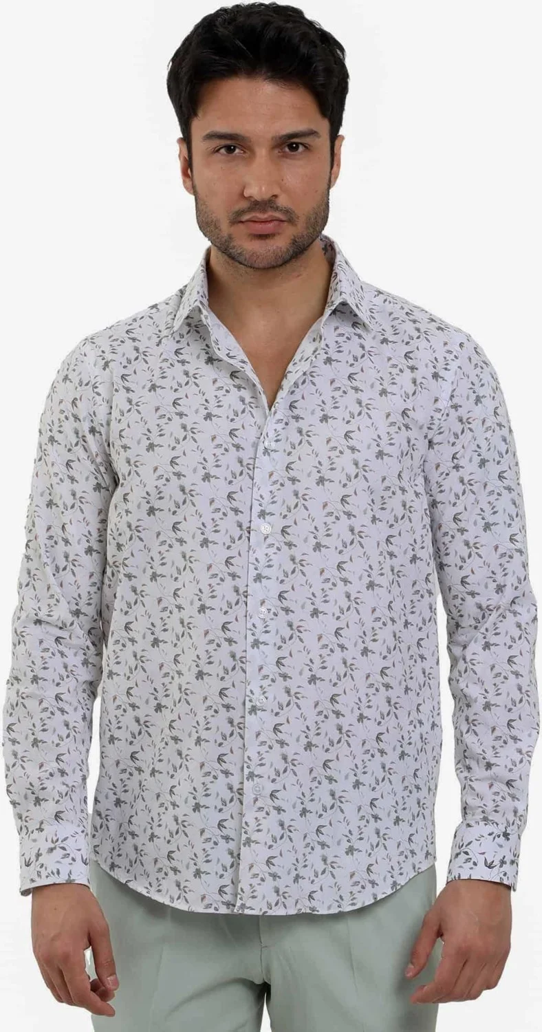دوفي Green Men's Slim Fit Floral Patterned Brent Collar Long Sleeve Shirt - 104785