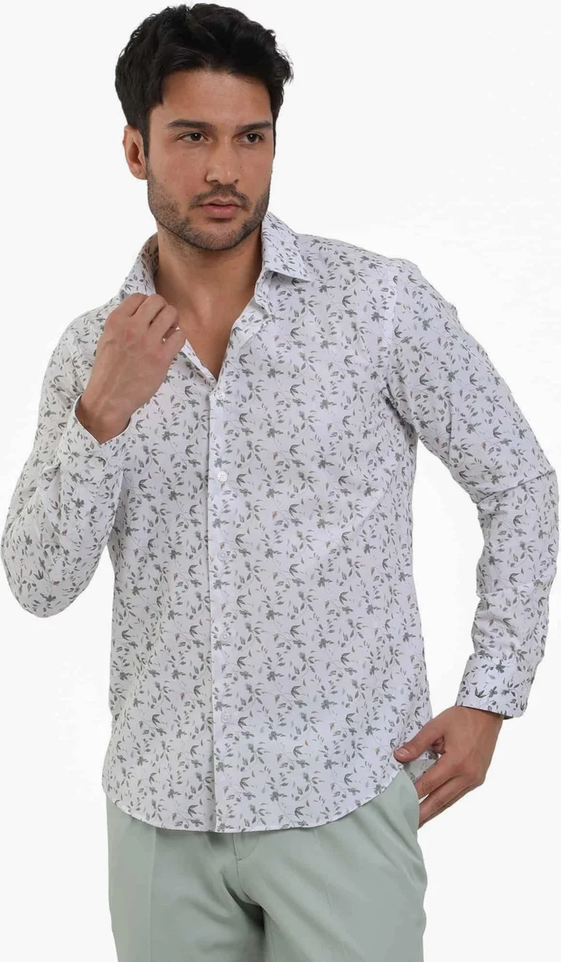 دوفي Green Men's Slim Fit Floral Patterned Brent Collar Long Sleeve Shirt - 104785