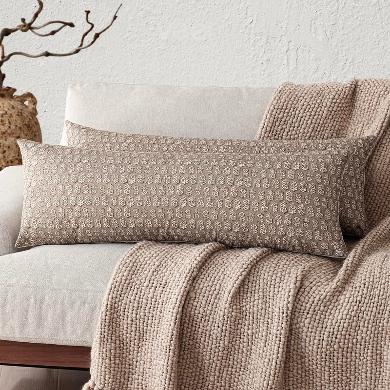Foindtower Set of 2 Decorative Floral Body Lumbar Throw Pillow Covers Neutral Modern Farmhouse Cushion Covers Vintage Home Decor for Sofa Couch Chair Bedroom Living Room,14Ã—36 Inch,Tan Taupe - Image 1